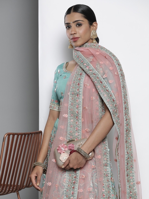 

DRESSTIVE Blue & Pink Embroidered Semi-Stitched Lehenga & Unstitched Blouse With Dupatta