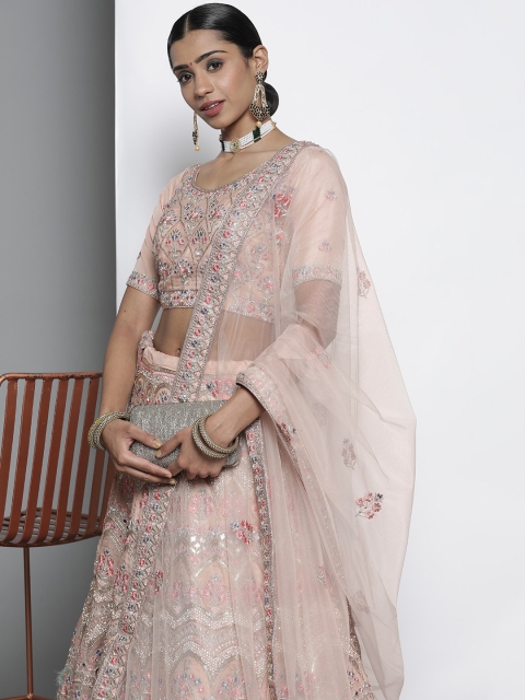 

DRESSTIVE Peach Embroidered Semi-Stitched Lehenga & Unstitched Blouse With Dupatta