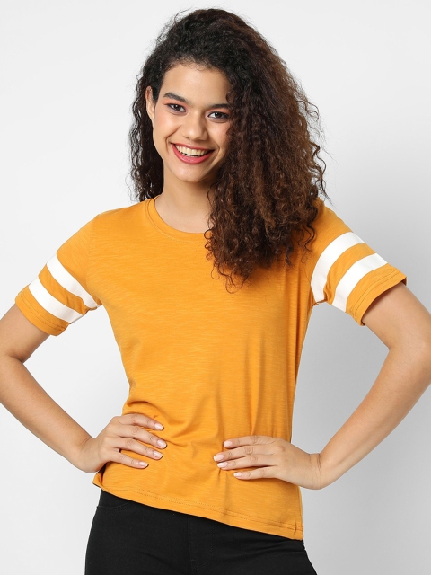 

Campus Sutra Mustard Yellow Solid Pure Cotton Regular Top