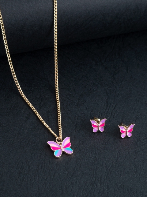 

Golden Peacock Girls Gold-Toned Pink Butterfly Charm pendant Jewellery Set