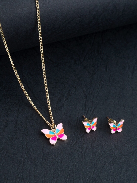 

Golden Peacock Girls Gold-Toned Pink Butterfly Charm Pendant Set