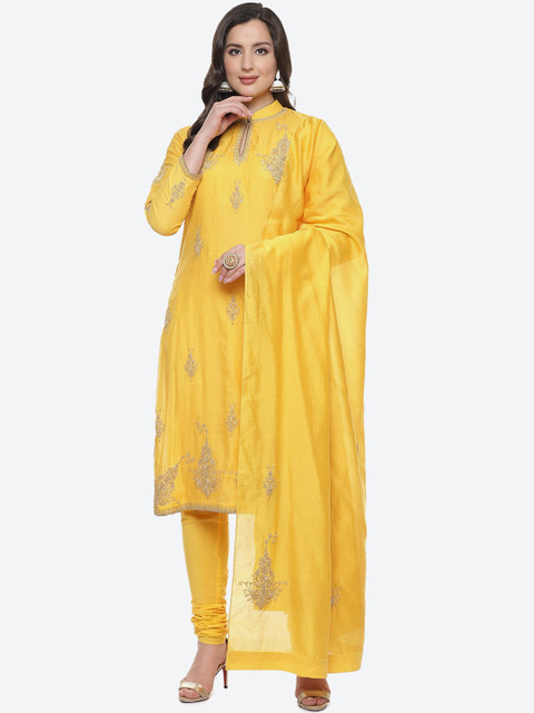 

Biba by Rohit Bal Women Yellow Floral Printed Chanderi Silk Kurta with Churidar & Dupatta