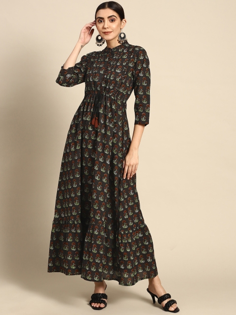 

Nayo Women Charcoal Black & Rust Brown Ethnic Motifs Maxi Dress