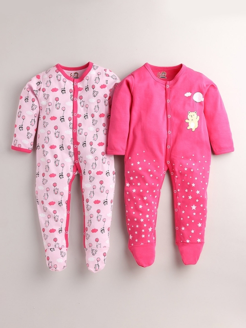 

Eieio Infant Kids Pack Of 2 Printed Pure Cotton Rompers, Pink