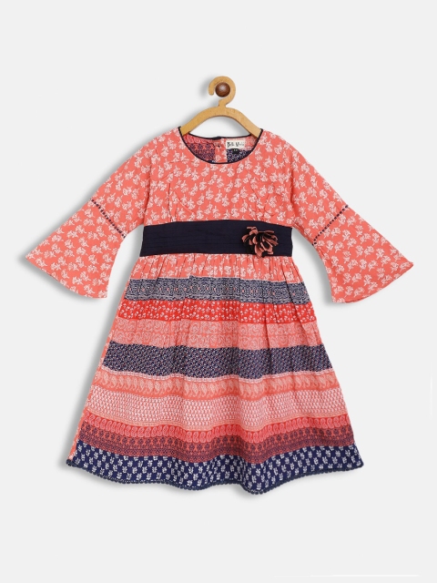 

Bella Moda Girls Coral Pink & White Ethnic Motifs Pure Cotton Dress