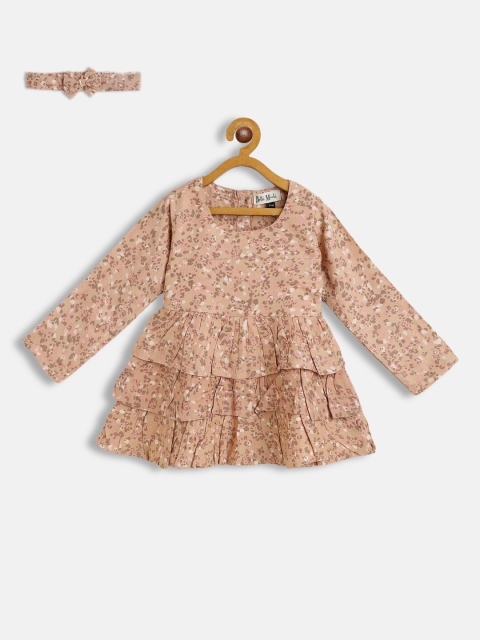 

Bella Moda Girls Khaki & Off White Layered Pure Cotton Dress With Hairband