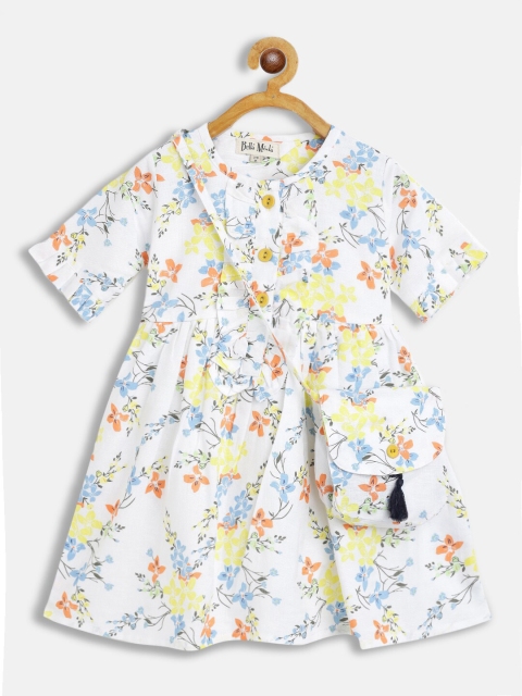

Bella Moda Girls White & Blue Floral Shirt Pure Cotton Dress With Sling Bag