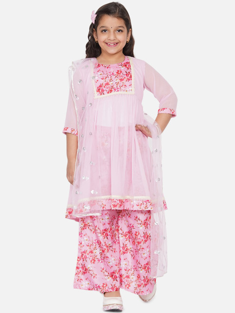 

Little Bansi Girls Pink Floral Panelled Pure Cotton Kurta Palazzo With Dupatta