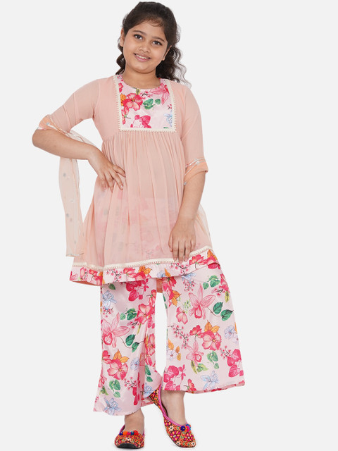 

Little Bansi Girls Peach-Coloured Floral Yoke Design Pleated Pure Cotton Kurti with Dhoti Pants & With