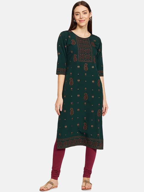 

IVOC Women Green & Brown Ethnic Motifs Printed straight Kurta