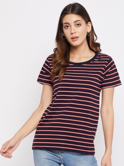 

FirstKrush Women Navy Blue & Red Striped Cotton T-shirt