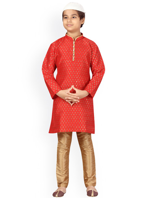 

LITTLE MAFIA BY Aarika Boys Red Pure Silk Kurta Pyjama With Cap