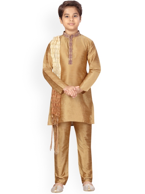 

LITTLE MAFIA BY Aarika Boys Golden Silk Sherwani, Gold
