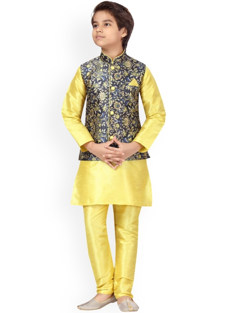 

LITTLE MAFIA BY Aarika Boys Yellow Pure Silk Kurti with Churidar
