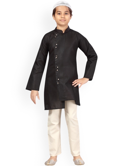 

LITTLE MAFIA BY Aarika Boys Black Angrakha Pure Cotton Kurta Pyjama With Cap