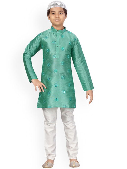 

LITTLE MAFIA BY Aarika Boys Green Paisley Printed Angrakha Pure Cotton Kurti with Pyjamas
