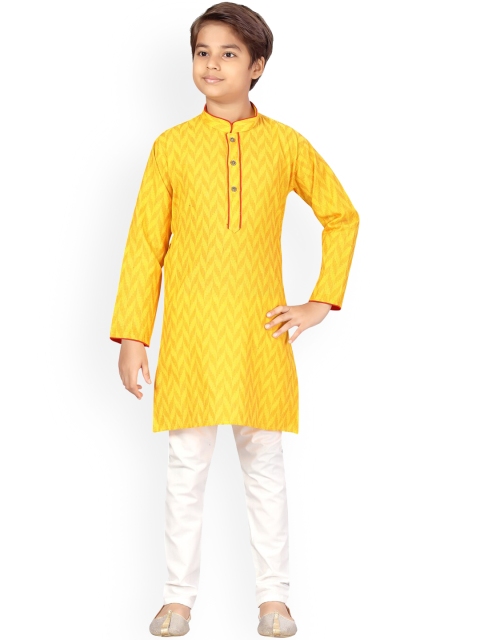 

LITTLE MAFIA BY Aarika Boys Yellow Embroidered Angrakha Pure Cotton Kurti with Pyjamas