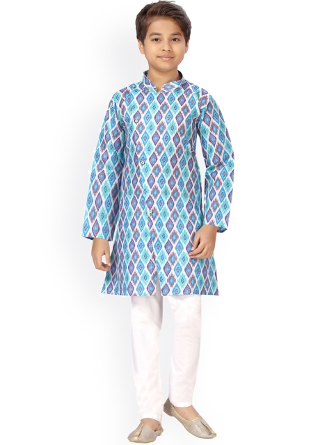 

LITTLE MAFIA BY Aarika Boys Blue Printed Angrakha Pure Cotton Kurta with Pyjamas