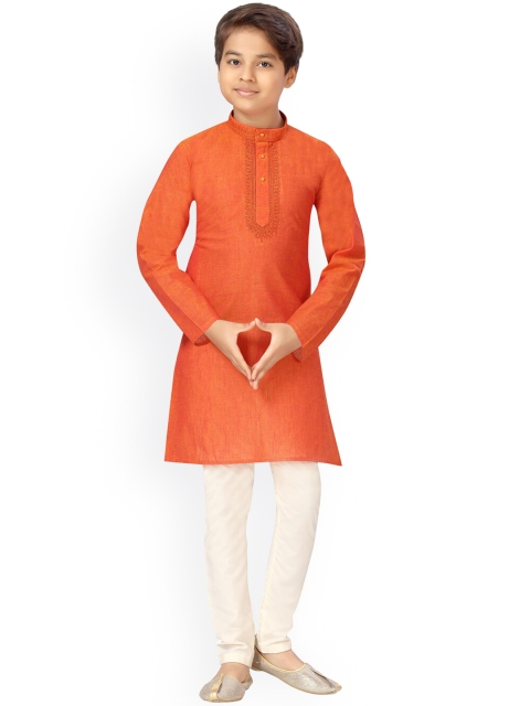 

LITTLE MAFIA BY Aarika Boys Orange Striped Angrakha Pure Cotton Kurti with Pyjamas & With Dupatta
