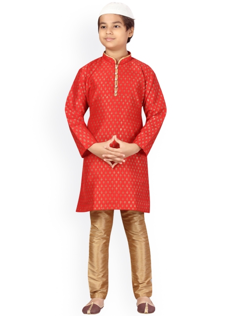 

LITTLE MAFIA BY Aarika Boys Red Printed Pure Silk Kurta with Pyjamas