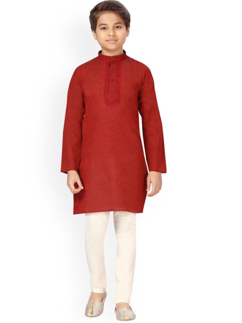 

LITTLE MAFIA BY Aarika Boys Maroon Pure Cotton Kurta with Pyjamas