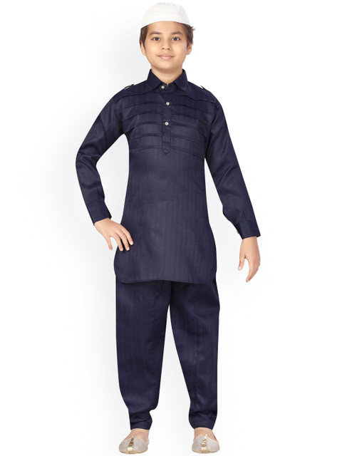 

LITTLE MAFIA BY Aarika Boys Navy Blue Pure Cotton Kurta with Salwar & Cap