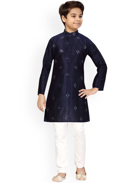 

LITTLE MAFIA BY Aarika Boys Navy Blue Angrakha Pure Silk Kurta with Pyjamas