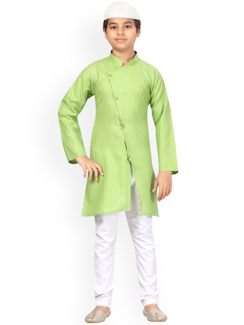 

LITTLE MAFIA BY Aarika Boys Green Angrakha Pure Cotton Kurta with Pyjamas