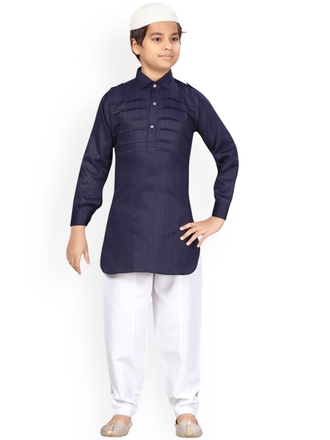 

LITTLE MAFIA BY Aarika Boys Navy Blue Pure Cotton Kurta Pyjama With Cap