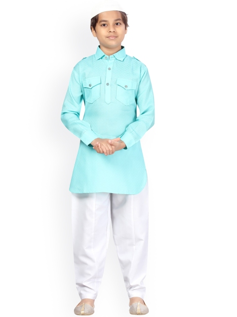 

LITTLE MAFIA BY Aarika Boys Turquoise Blue Angrakha Pure Cotton Kurta with Salwar