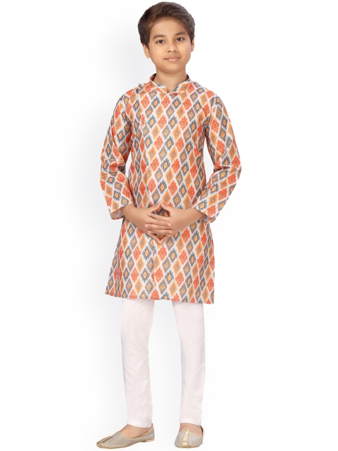 

LITTLE MAFIA BY Aarika Boys Yellow Printed Angrakha Pure Cotton Kurta with Pyjamas