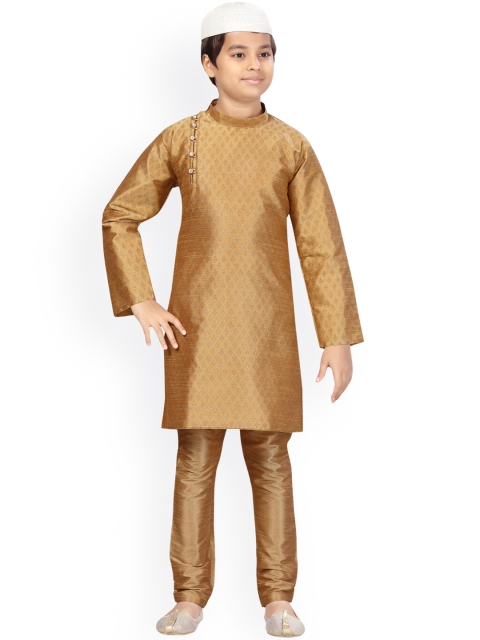 

LITTLE MAFIA BY Aarika Boys Beige Angrakha Pure Silk Kurta with Churidar