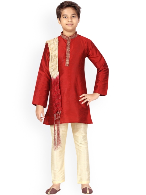 

LITTLE MAFIA BY Aarika Boys Maroon & Cream Sherwani Set
