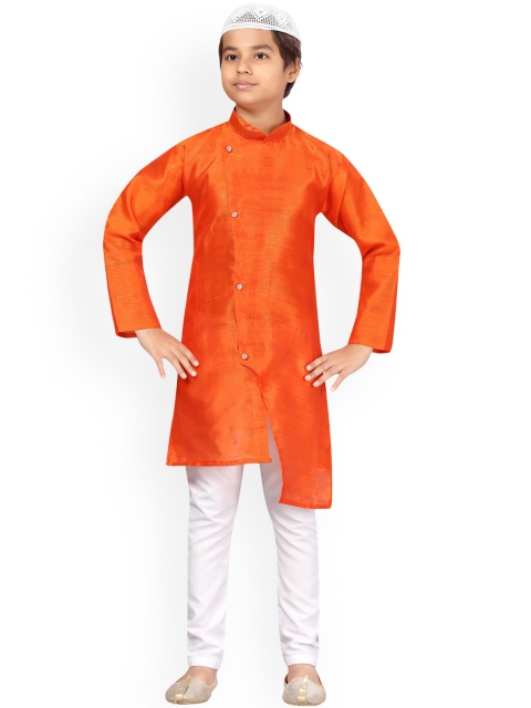 

LITTLE MAFIA BY Aarika Boys Orange Pure Silk Kurta Pyjama With Cap