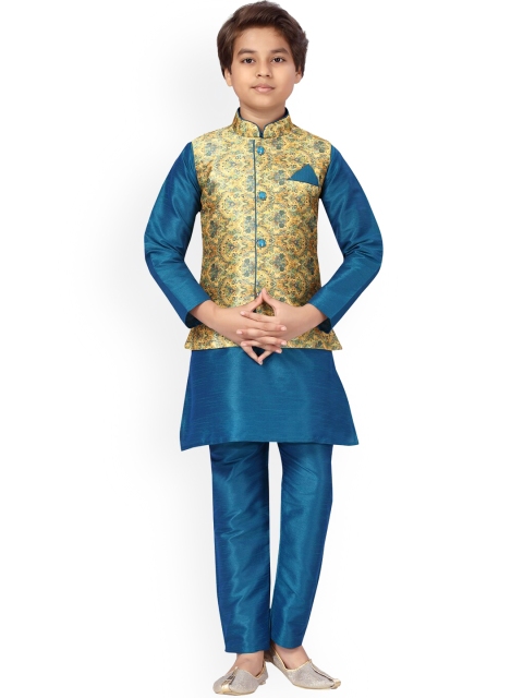 

LITTLE MAFIA BY Aarika Boys Yellow Floral Pure Silk Kurta with Pyjamas