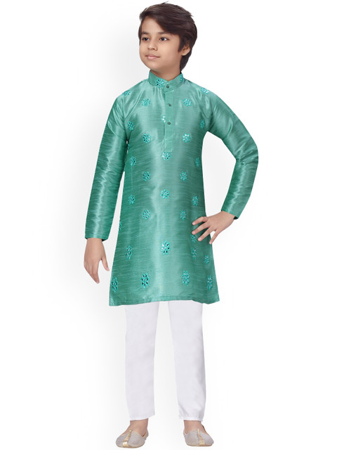 

LITTLE MAFIA BY Aarika Boys Green Floral Embroidered Mirror Work Pure Cotton Kurta with Pyjamas