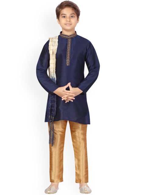 

LITTLE MAFIA BY Aarika Boys Navy Blue & Golden Sherwani with Dupatta