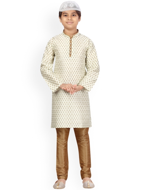 

LITTLE MAFIA BY Aarika Boys Cream-Coloured Ethnic Motifs Printed Pure Silk Kurta with Churidar