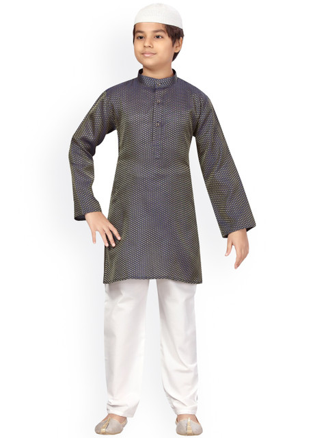 

LITTLE MAFIA BY Aarika Boys Navy Blue Ethnic Motifs Pure Silk Kurta with Pyjamas