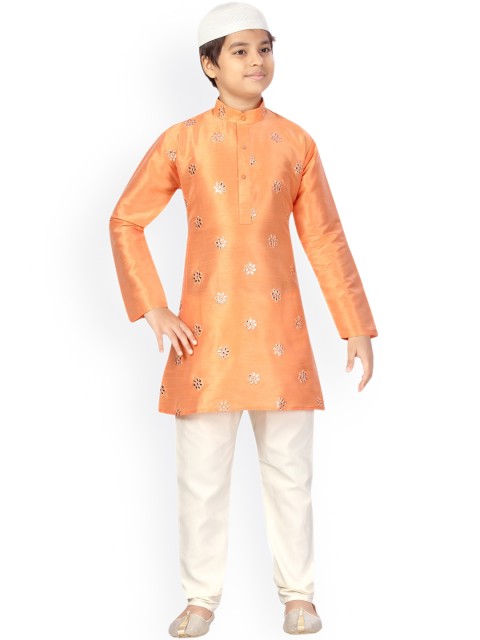 

LITTLE MAFIA BY Aarika Boys Peach-Coloured Embroidered Angrakha Pure Cotton Kurta with Pyjamas