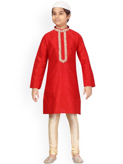 

LITTLE MAFIA BY Aarika Boys Red Ethnic Motifs Pure Silk Kurti with Churidar