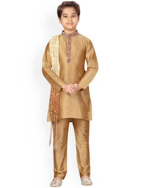 

LITTLE MAFIA BY Aarika Boys Golden Silk Sherwani Set, Gold