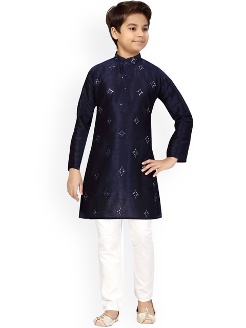 

LITTLE MAFIA BY Aarika Boys Navy Blue Angrakha Pure Silk Kurta with Pyjamas