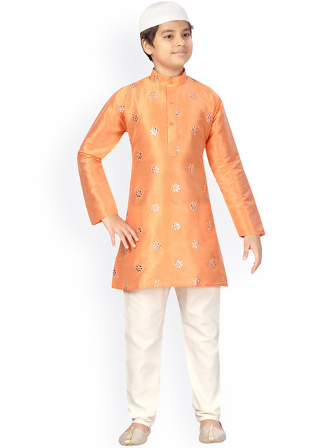 

LITTLE MAFIA BY Aarika Boys Orange Floral Embroidered Mirror Work Pure Cotton Pyjama With Cap