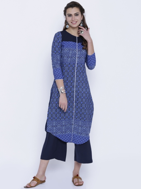 Vishudh Women Navy Printed Straight Kurta available at myntra for Rs.399