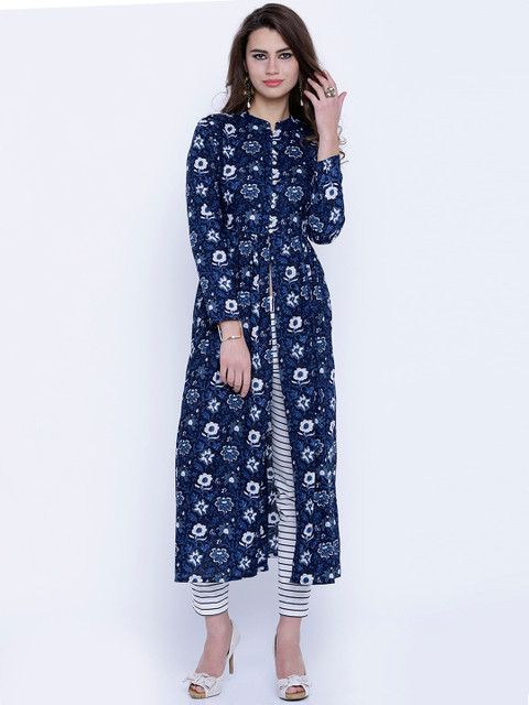 

Vishudh Women Navy Printed Straight Kurta, Navy blue