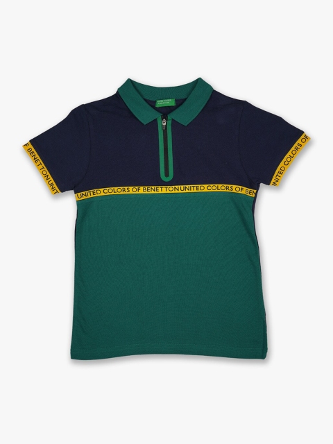 

United Colors of Benetton Boys Navy Blue & Green Colourblocked Polo Collar T-shirt