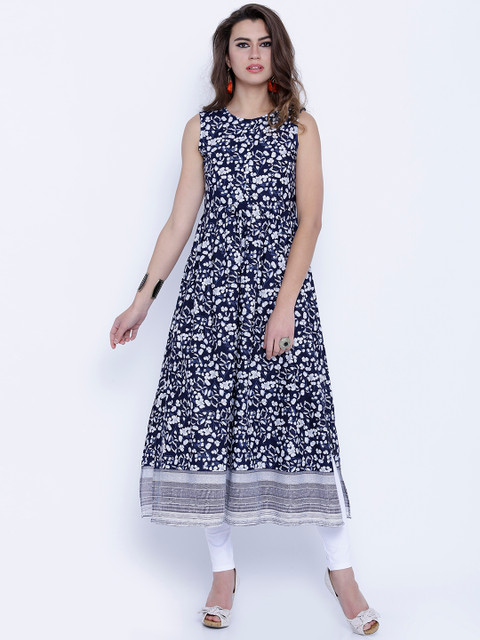 

Vishudh Women Navy Printed A-Line Kurta, Navy blue
