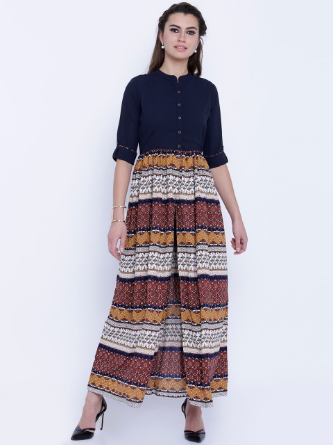 

Vishudh Women Navy Printed A-Line Kurta, Navy blue
