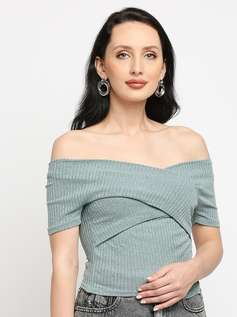 

LYKKEIN Green Striped Off-Shoulder Criss Cross Bardot Top